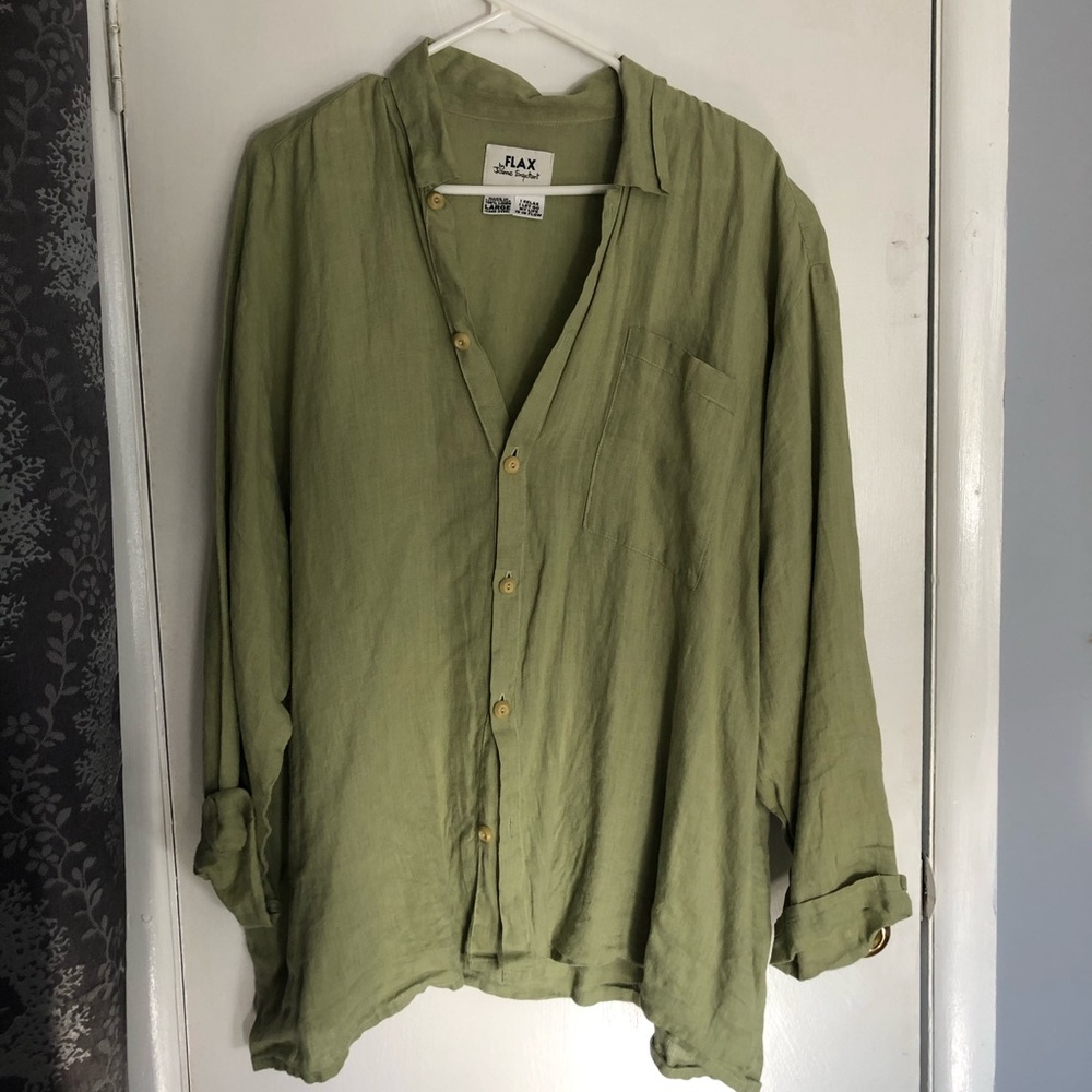 Green linen button down shirt by Flax